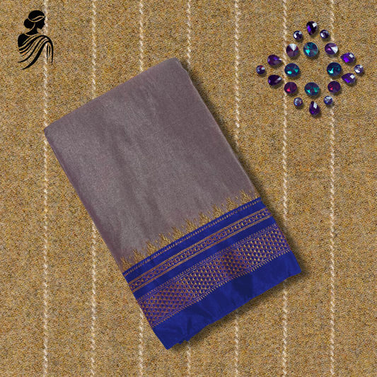 Grey Soft Silk Ilkal Saree (Blue Border)